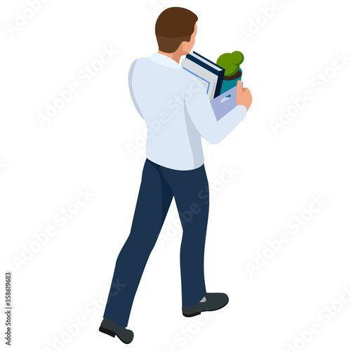 Isometric businessman isolated on write. dismissed frustrated business person holding a box with his things. Unemployment, crisis, jobless and employee job reduction