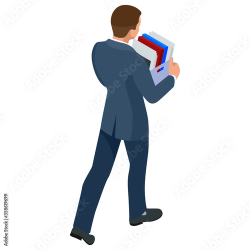 Isometric businessman isolated on write. dismissed frustrated business person holding a box with his things. Unemployment, crisis, jobless and employee job reduction