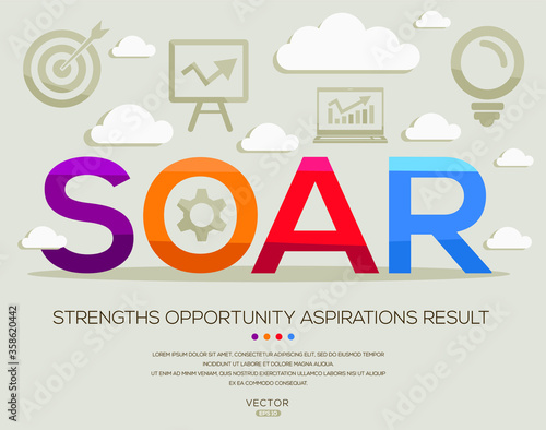Soar mean (strengths opportunity aspirations result) ,letters and icons,Vector illustration.
