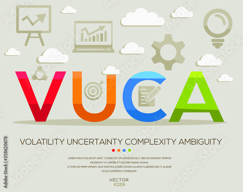 Vuca mean (volatility uncertainty complexity ambiguity) ,letters and icons,Vector illustration.