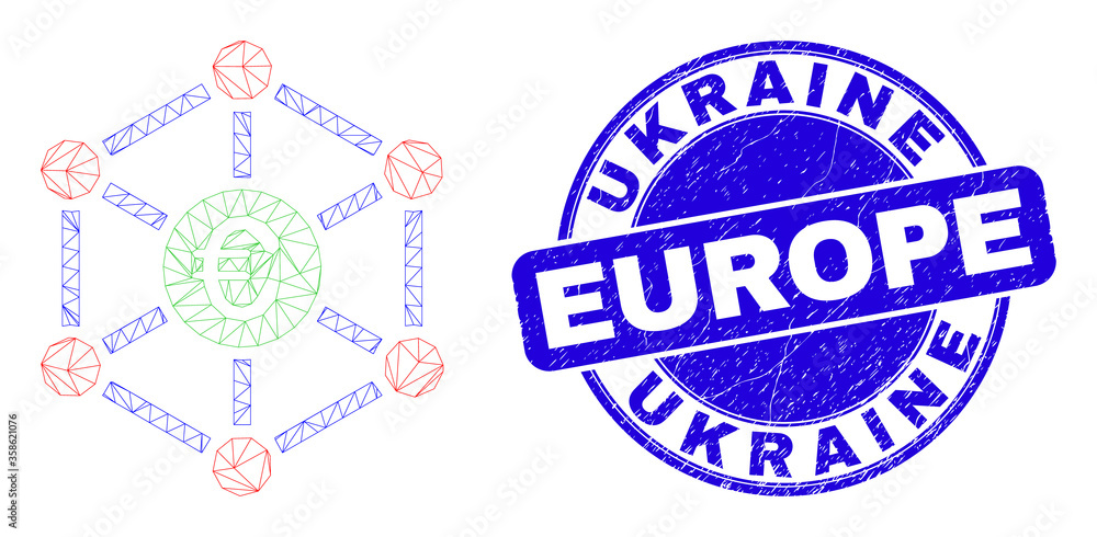 Web mesh euro network pictogram and Ukraine Europe stamp. Blue vector round grunge watermark with Ukraine Europe title. Abstract frame mesh polygonal model created from euro network pictogram.