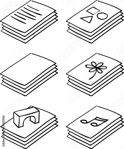Pen sketch of documents with icons showing different media types. Text, 3D, drawing,photo, music.