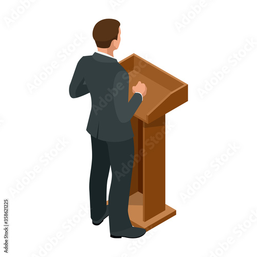 Isometric businessman isolated on write. Creating an office worker character, cartoon people. Business people. Tribune or pulpit for speaker official, president or professor.