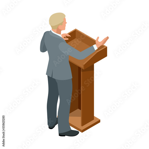 Isometric businessman isolated on write. Creating an office worker character, cartoon people. Business people. Tribune or pulpit for speaker official, president or professor.