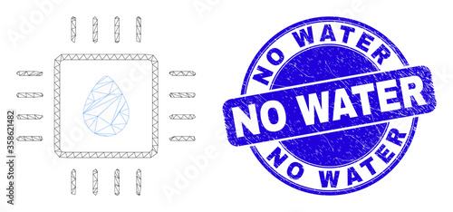 Web mesh liquid processor pictogram and No Water seal stamp. Blue vector rounded distress stamp with No Water phrase. Abstract carcass mesh polygonal model created from liquid processor icon.