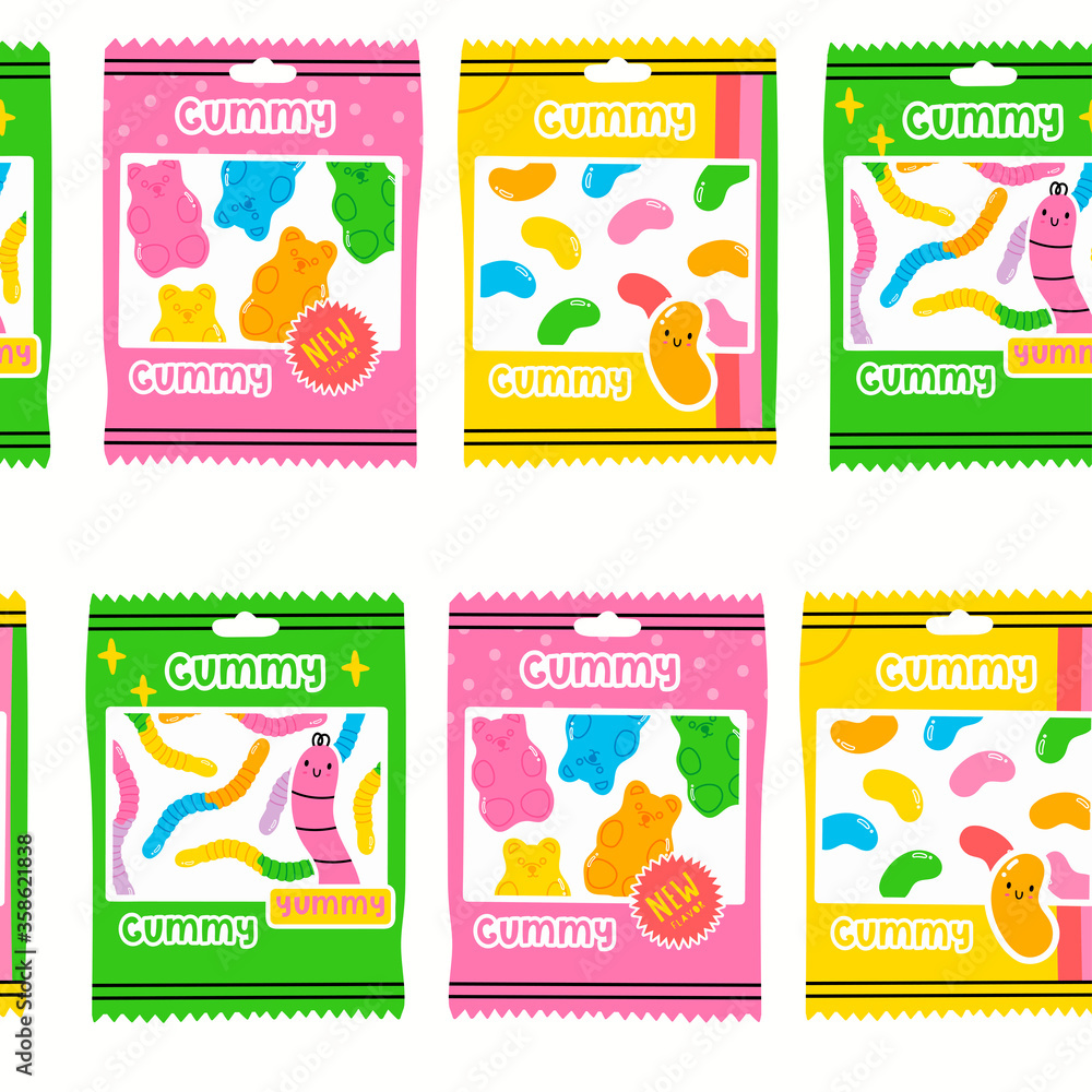Colorful Packs of fruity and tasty Sweets. Various Gummy and Jelly candies. Bears, Worms, Beans. Hand drawn Vector Seamless Pattern. Trendy illustration. Background, Wallpaper