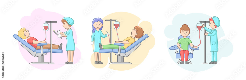 Concept Of Blood Transfusion. Set Of Scenes With People Donating Blood In  Hospital. Male And Female Characters Sitting On Armchair Under Drip. Cartoon  Linear Outline Flat Style. Vector Illustration Stock Vector |