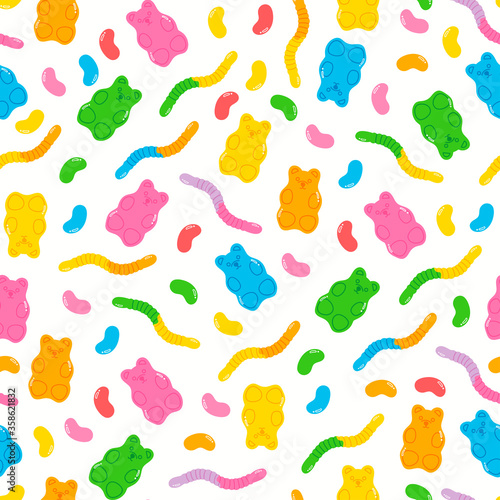 Colorful tasty Sweets and candies. Various Gummy and Jelly Worms, Bears, Beans. Hand drawn Vector Trendy illustration. Cartoon style. Seamless Pattern, Background, Wallpaper. Perfect for prints