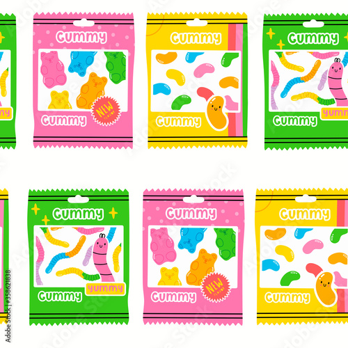 Colorful Packs of fruity and tasty Sweets. Various Gummy and Jelly candies. Bears, Worms, Beans. Hand drawn Vector Seamless Pattern. Trendy illustration. Background, Wallpaper