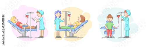 Concept Of Blood Transfusion. Set Of Scenes With People Donating Blood In Hospital. Male And Female Characters Sitting On Armchair Under Drip. Cartoon Linear Outline Flat Style. Vector Illustration
