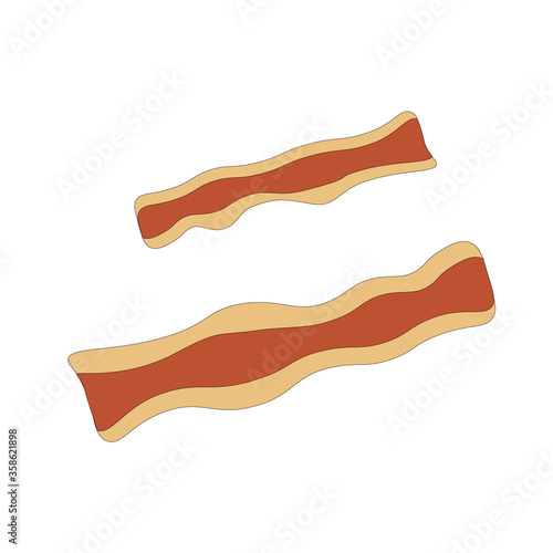 Two raw bacon slices flat vector illustration. Tasty breakfast meal ingredient in cartoon style isolated on  white background . Fresh pork, unhealthy eating. Delicious dinner dish cooking. 