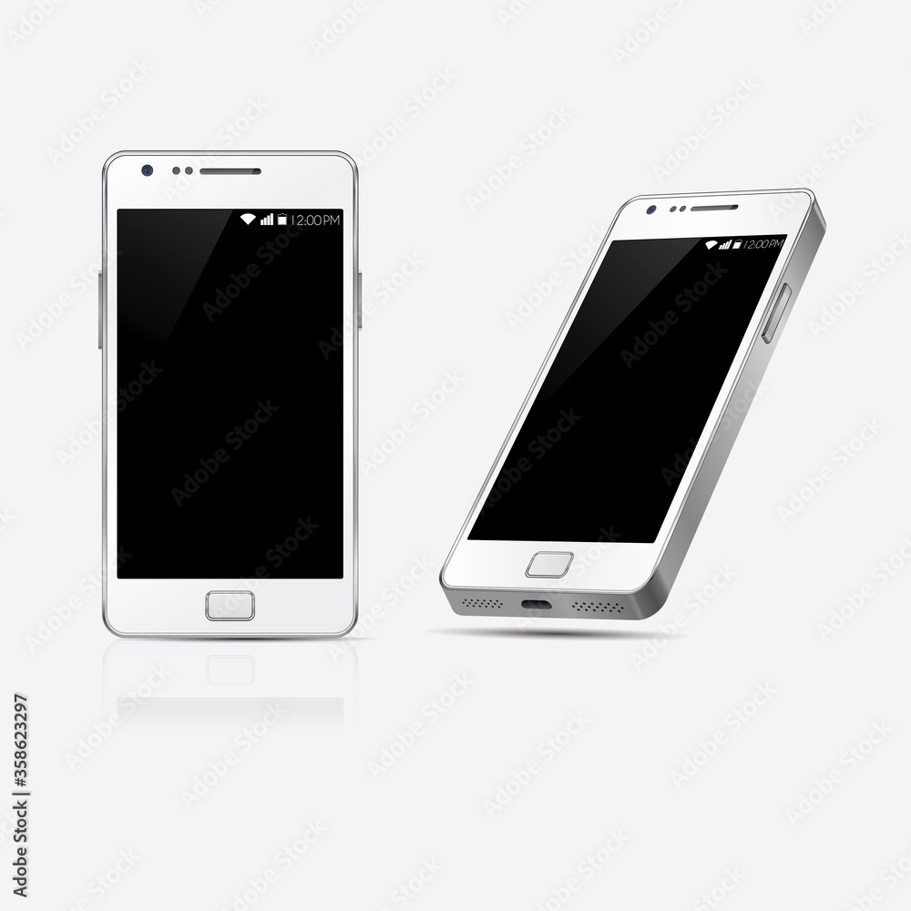 Mobile phone mock up with blank screen isolated on white background. Vector illustration. Game and application mockup. Realistic white perspective smartphones vector set. Perspective Mobile phone mock up with blank screen isolated on white background. Vector illustration. Game and application mockup. Realistic white perspective smartphones vector set. Perspective