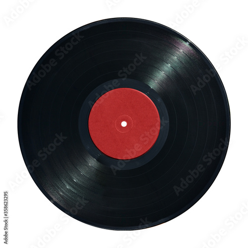 gramophone record Long played record vinyl Carbide vintage analog music recording 12 inch 33 rpm yellow label isolated over white background. This has clipping path.