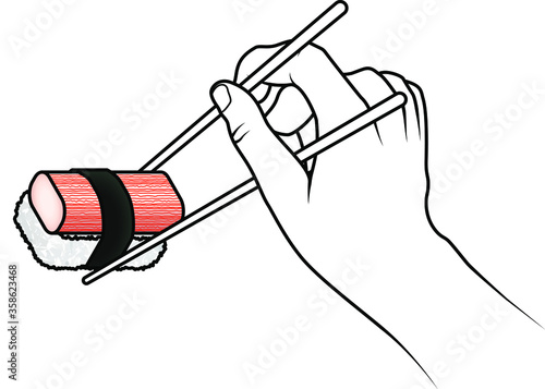 Hand holding a pair of chopsticks with a piece of sushi with a red and white crab stick.