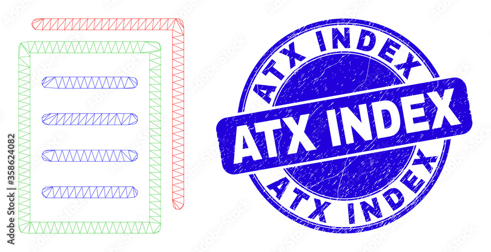 Obraz premium Web mesh list page pictogram and Atx Index seal. Blue vector round textured stamp with Atx Index phrase. Abstract carcass mesh polygonal model created from list page pictogram.