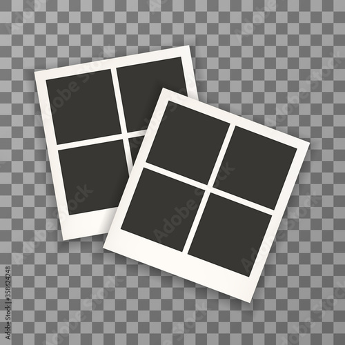 Retro photo frame with shadow, four pictures from photobooth isolated on transparent background. Vintage photo frame mock-up for documents. Vector illustration. Eps 10.
