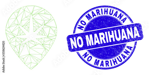 Web carcass cannabis map marker pictogram and No Marihuana seal stamp. Blue vector rounded grunge seal with No Marihuana message.