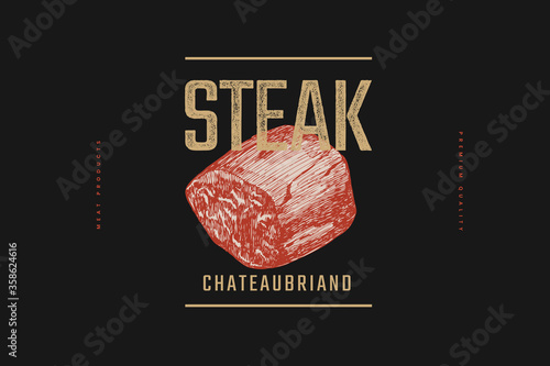 Slice of raw Chateaubriand meat steak vector illustration. Hand drawn piece of fresh meat on a dark background. Concept of fresh farm produce. Design element for a butcher shop, market, restaurant.