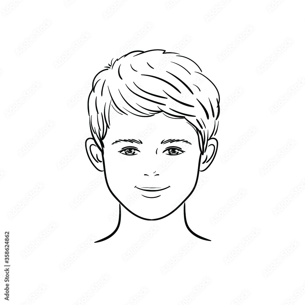 Little handsome short-haired boy. Happy cartoon boy head outlines. Vector illustration isolated on white background. Concept for hairdresser. Little handsome short-haired boy. Happy cartoon boy head outlines. Vector illustration isolated on white background. Concept for hairdresser.