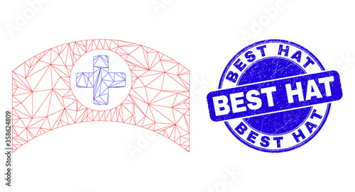 Web carcass medical cap pictogram and Best Hat stamp. Blue vector round textured stamp with Best Hat phrase. Abstract frame mesh polygonal model created from medical cap pictogram.