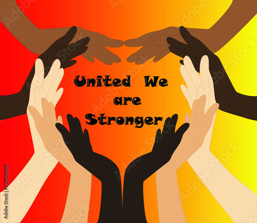 
Ilustración para inclusión, manos de diferentes grupos étnicos, formando un corazón, con la frase, unidos somos más fuertes, en el centro