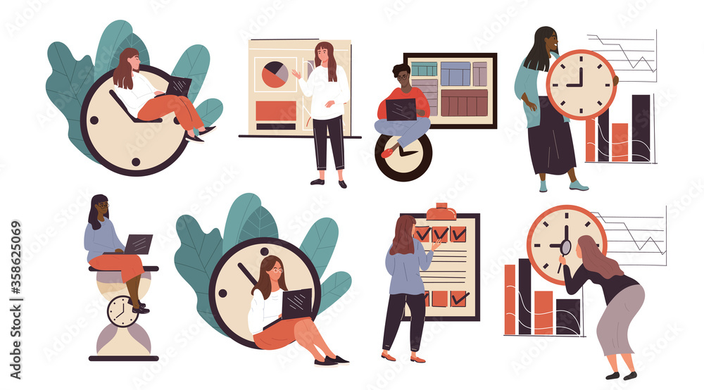 Concept of time management and efficiency at work in the office with assorted businesspeople with clocks in 8 different scenes, colored vector illustration