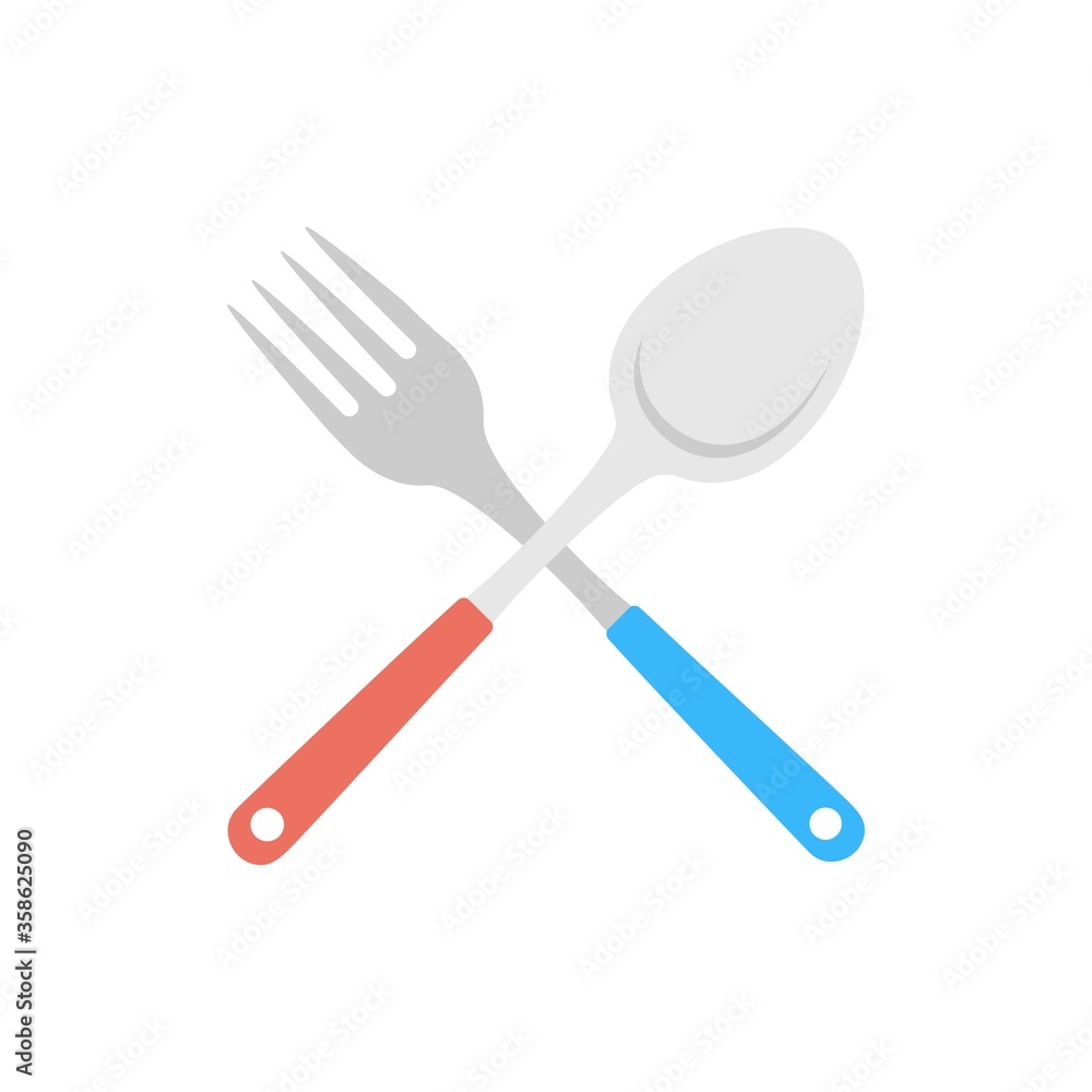 Crossed fork and spoon icon in flat design style. Crossed fork and spoon icon in flat design style.