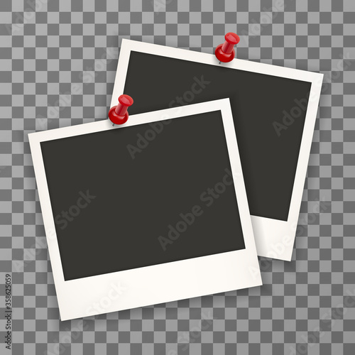 Photo framewith pin retro Illustration isolated on a background. Old retro photo frame mock up on a plaid background . Stock vector. EPS 10
