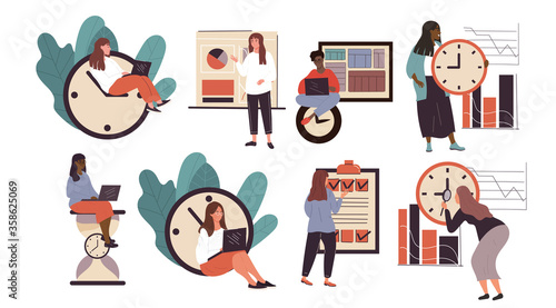 Concept of time management and efficiency at work in the office with assorted businesspeople with clocks in 8 different scenes, colored vector illustration