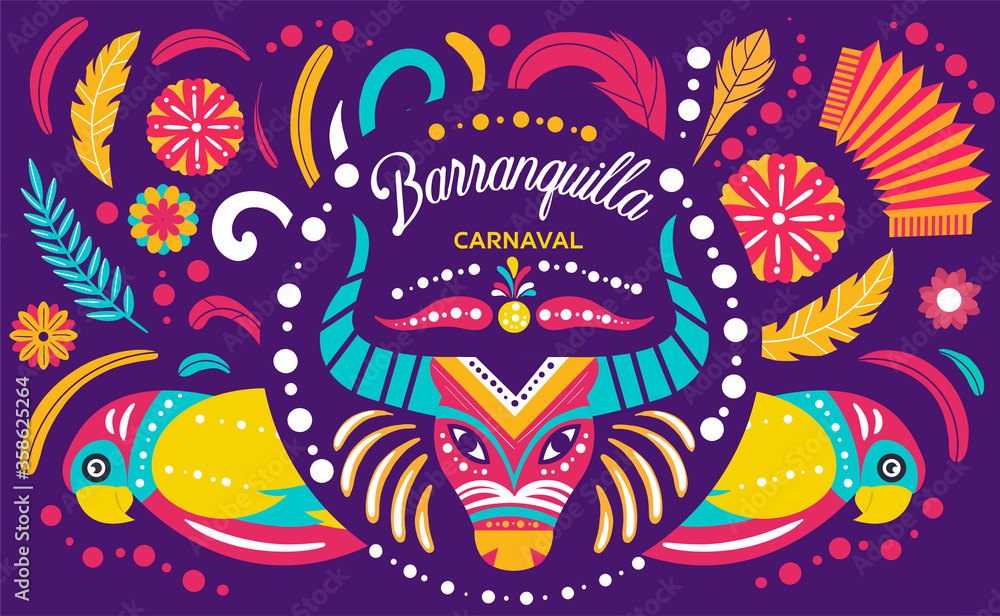 Fototapeta Colorful poster for the Colombian Barranquilla Carnival steeped in folklore and one of the largest in the world, colored vector illustration
