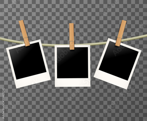 Blank Vintage Retro photo frames on the rope or clothespin on the transparent background - vector illustration. EPS 10.