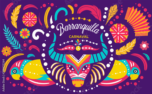 Colorful poster for the Colombian Barranquilla Carnival steeped in folklore and one of the largest in the world, colored vector illustration photo
