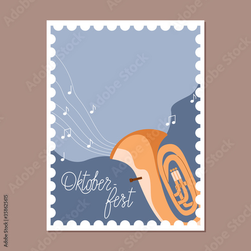 Oktoberfest card. Trendy hand-drawn vector card design in old postal stamp style. Tuba and melody coming out of it. Handwritten elegant text. Traditional Bavarian holiday.
