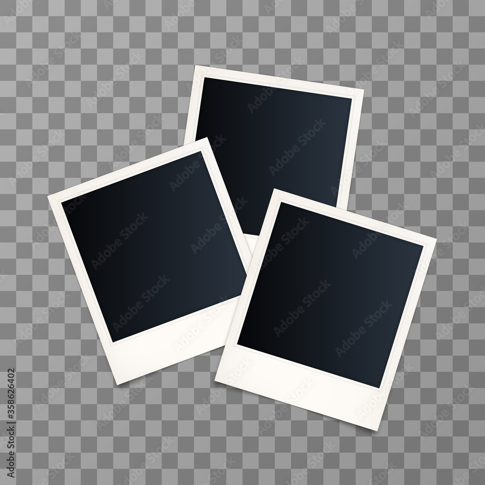 Three vector instant photo frame. Set of realistic paper photograph with shadow isolated on transparent background. Photo frame mock up. Vector illustration. EPS 10. Three vector instant photo frame. Set of realistic paper photograph with shadow isolated on transparent background. Photo frame mock up. Vector illustration. EPS 10.