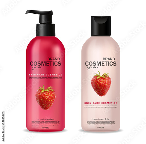 Realistic cosmetics with strawberry , skin care, summer cosmetics, geometric forms, shampoo and conditioner, pink bottle packaging mockup 3d, strawberry liquid, pink design, vector illustration