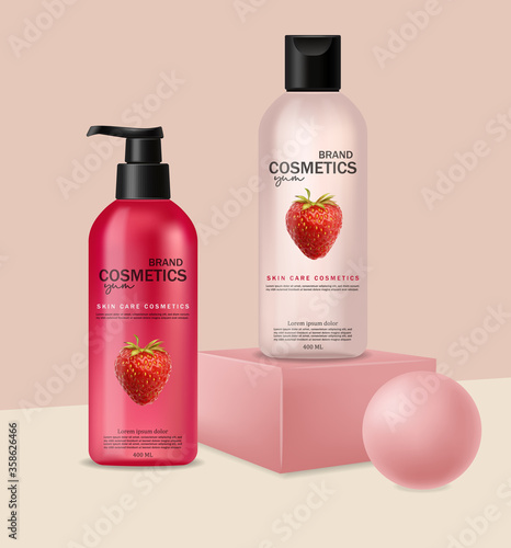 Realistic cosmetics with strawberry , skin care, summer cosmetics, geometric forms, shampoo and conditioner, pink bottle packaging mockup 3d, strawberry liquid, pink design, vector illustration
