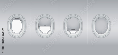 Set of vector realistic aircraft windows with curtains in different positions and white blank space inside. Airplane trip mockup for your design. Vector illustration.