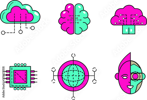 set of colorful vector icons of cyborg and artificial intellegence 