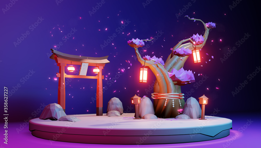 Fototapeta premium Low Poly - japanese on island in purple blue background .3D rednering