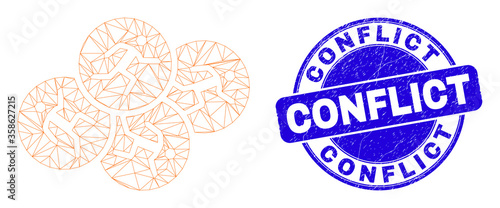 Web mesh running persons icon and Conflict seal stamp. Blue vector round grunge seal stamp with Conflict text. Abstract carcass mesh polygonal model created from running persons icon.