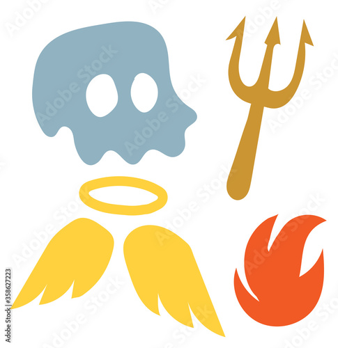 Collection of handwritten decorative design elements hand drawn in trendy style-ghost, trident, nimbus saint, angel wings, flame. Colorful vector illustration for T-shirt print, poster etc