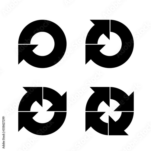 Set circle arrows pictogram refresh reload rotation. Four black vector icon on white background.