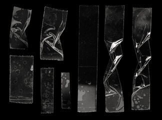 set of transparent adhesive tape or strips isolated on black background, crumpled plastic sticky snips, poster design overlays or elements.