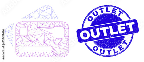 Web carcass bank cards icon and Outlet stamp. Blue vector round scratched seal stamp with Outlet title. Abstract frame mesh polygonal model created from bank cards icon.