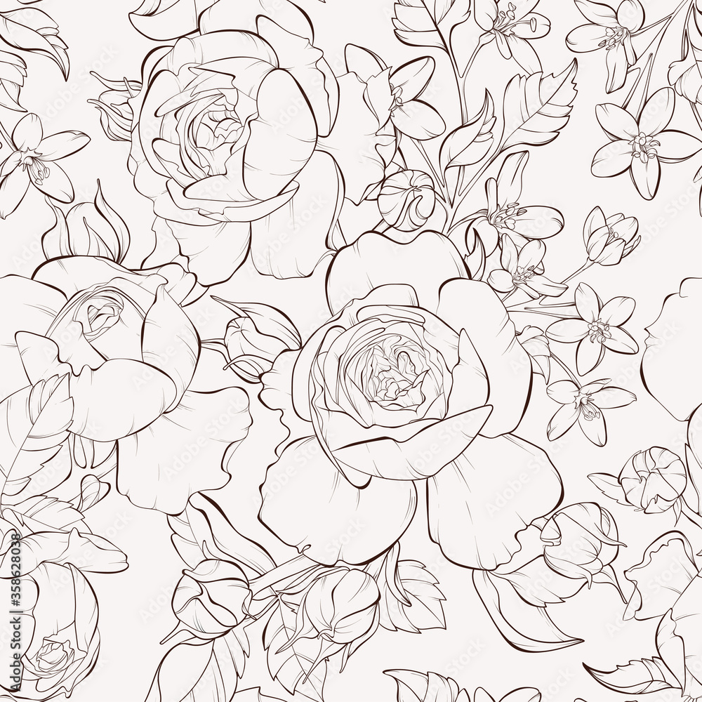 Seamless pattern with rose flowers. Hand-drawn contour lines and strokes..