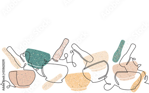  Mortar and Pestle. Preparation of Alternative Medicines or Natural Cosmetics. Horizontal Pattern with Ampty Space for Text. Can be Yused as Card, Banner, Flyer, Poster. Vector illustration.