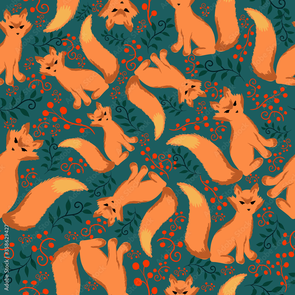 Naklejka premium Fox hand drawn seamless pattern vector illustration