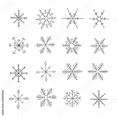 Set of Snowflakes Doodle Icons. Vector illustration.