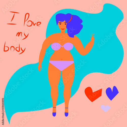 Body positive. Plus size woman. Love your body. Flat vector illustration.