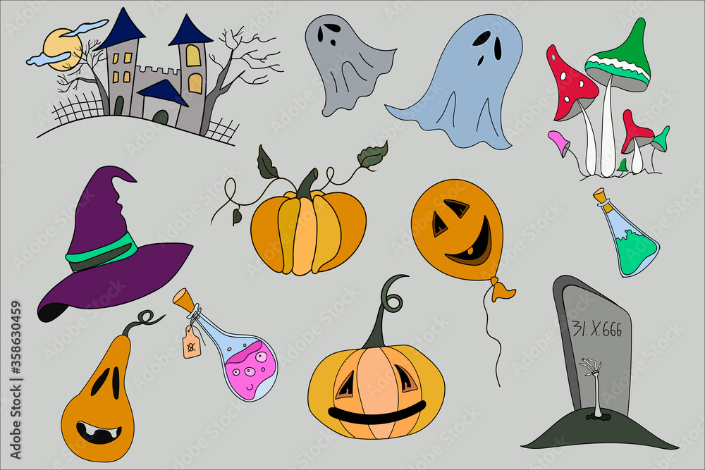 Halloween Scary castle and full moon, hat, pumpkin, potion, ghost, grave, mushrooms, evil faces Halloween Scary castle and full moon, hat, pumpkin, potion, ghost, grave, mushrooms, evil faces